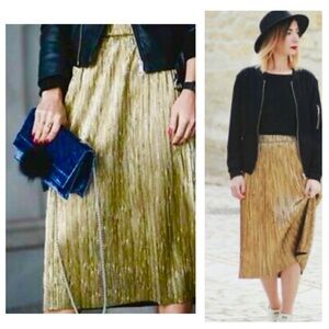 ZARA GOLD GOLDEN PLEAT PLEATED ACCORDION MIDI SKIRT L
